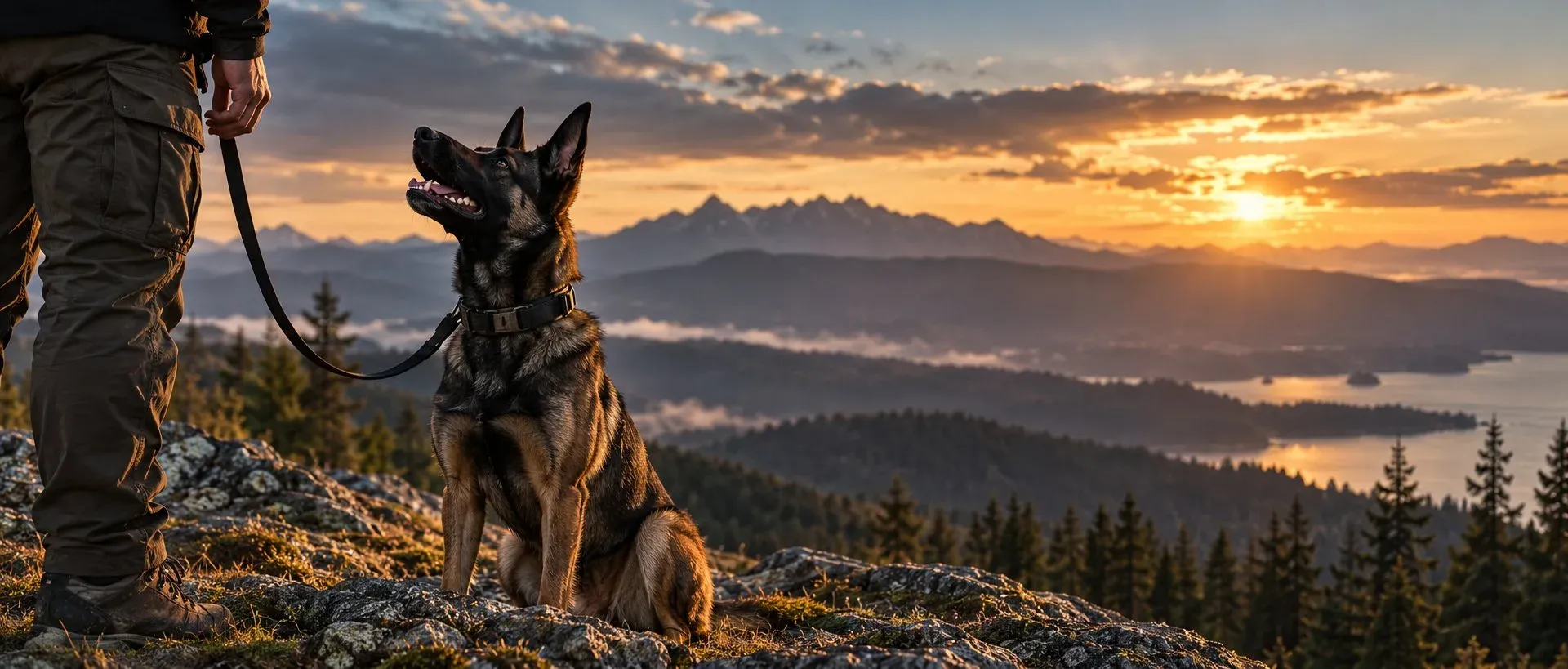 A Malinois sitting beside the handler on a rocky summit at sunset