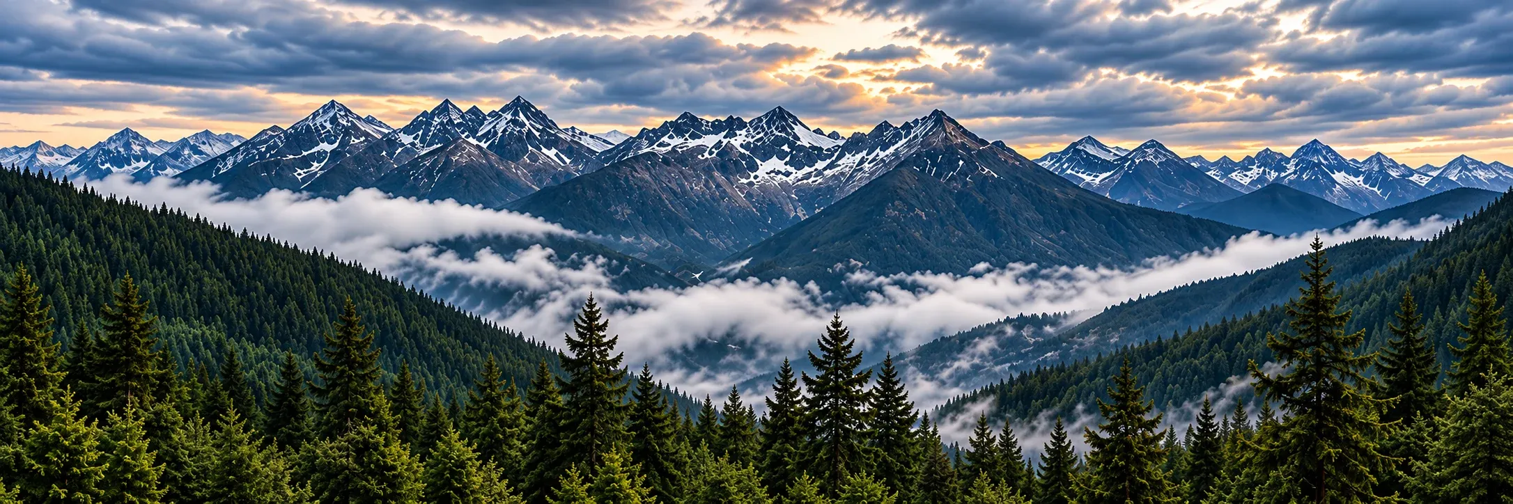 Mountains and forest under low cloud