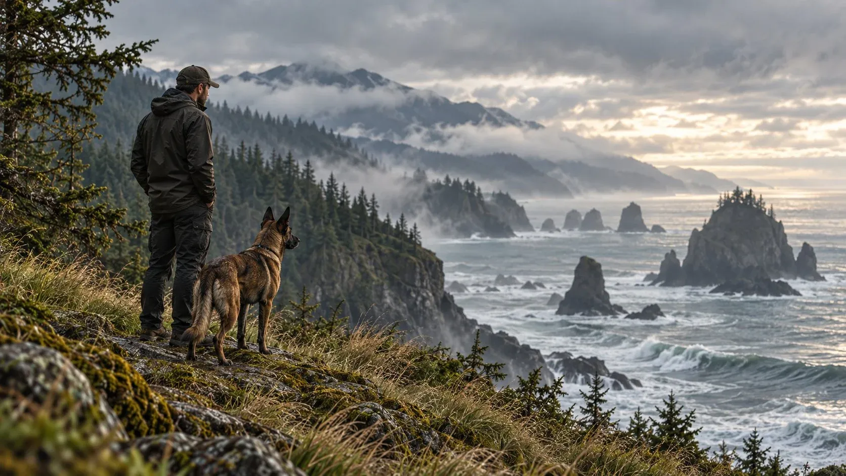 A handler and Malinois on a cliff above a misty coastline