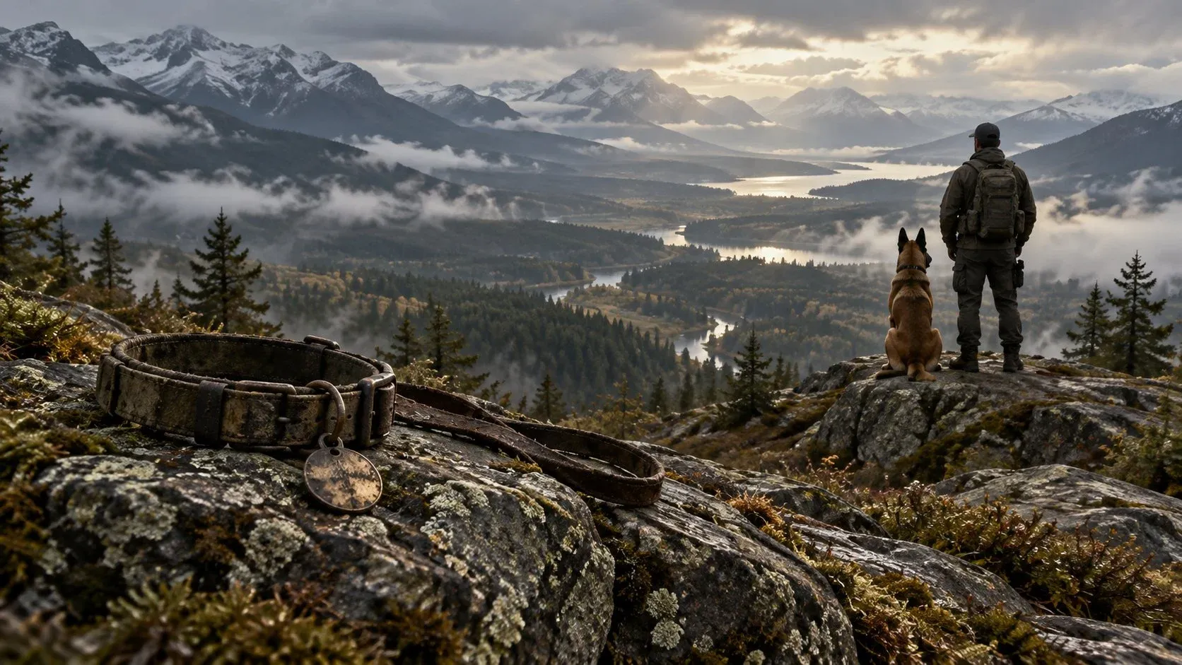 A worn collar and leash resting on a rock above a misty valley