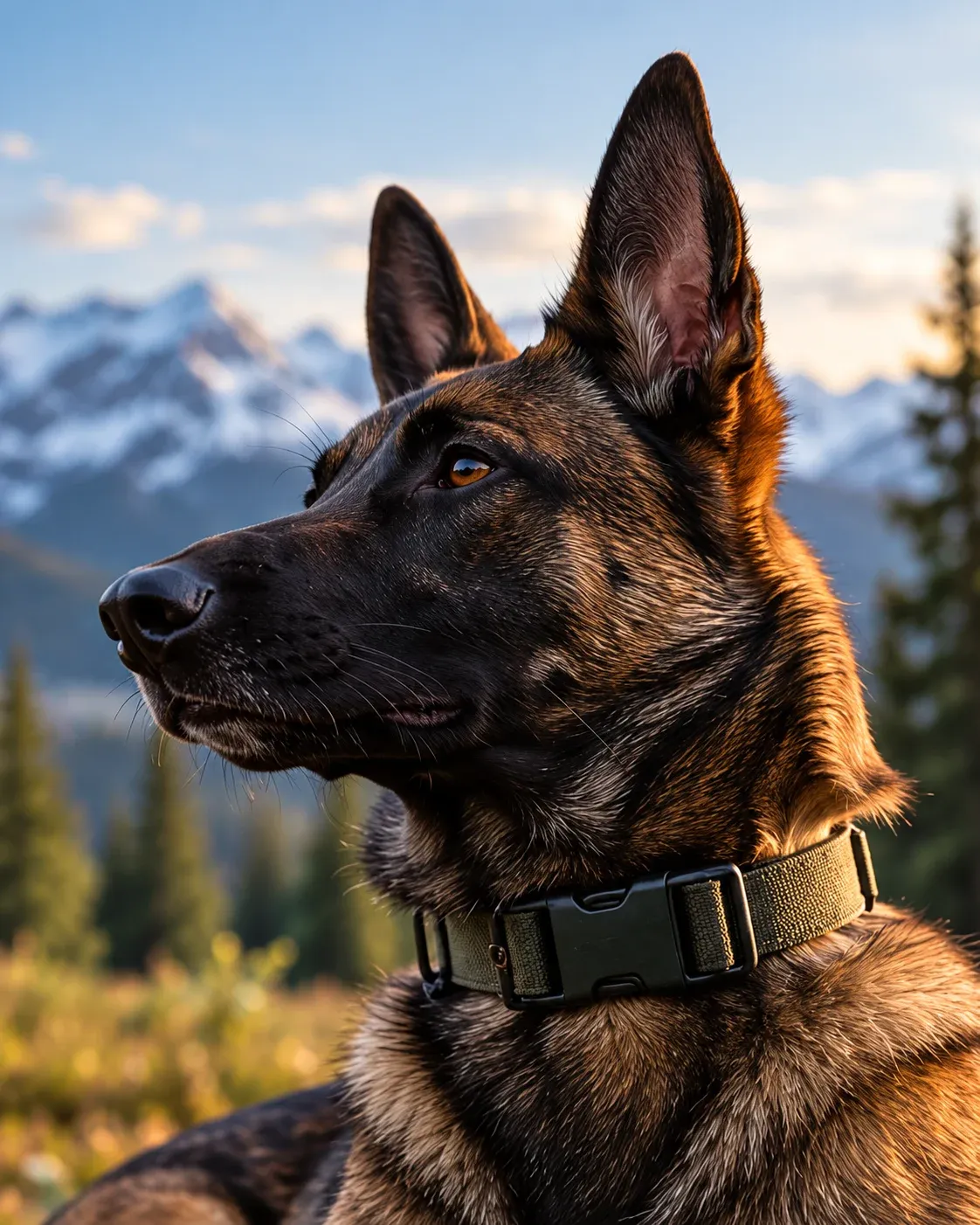 A shepherd dog in profile, looking out over the mountains