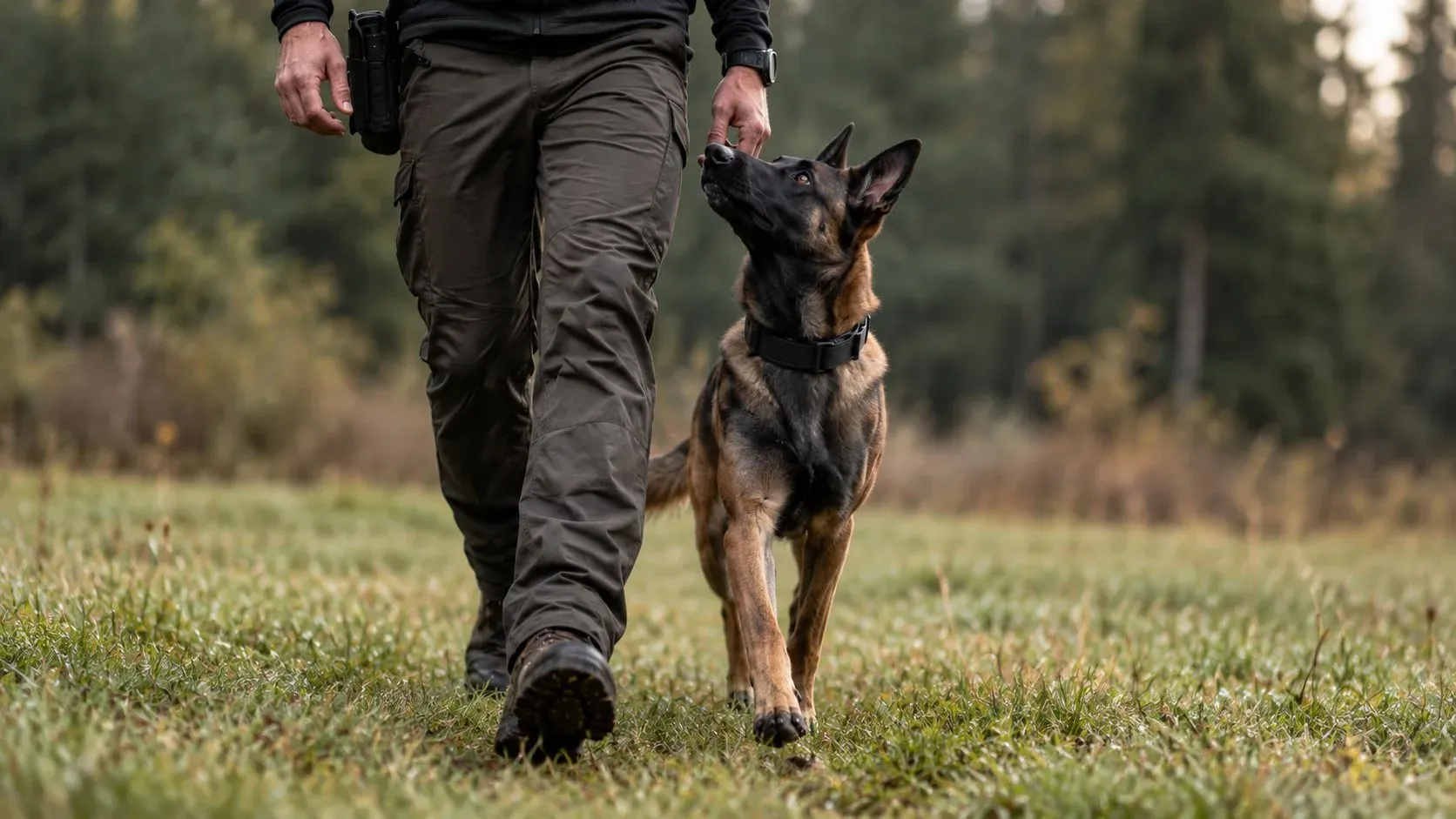 A Malinois heeling in a meadow, looking up at the handler