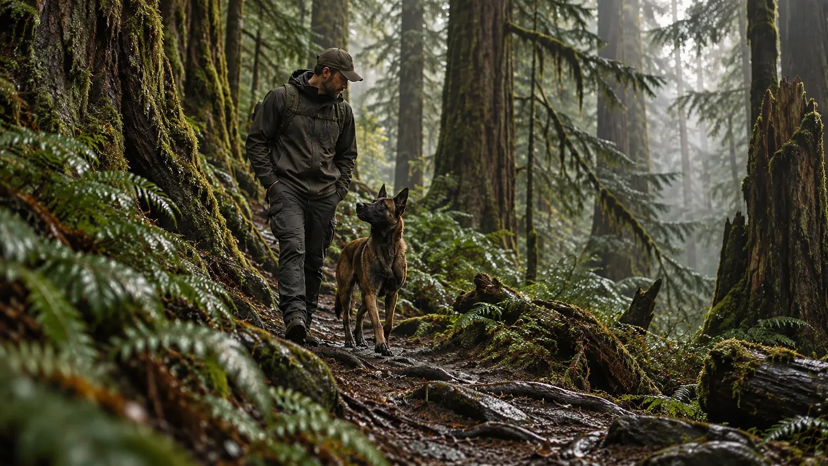 A handler and Malinois walking a mossy forest trail