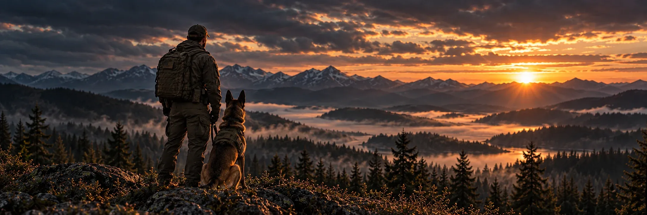 A handler and his dog standing on a ridge, looking toward the sunset