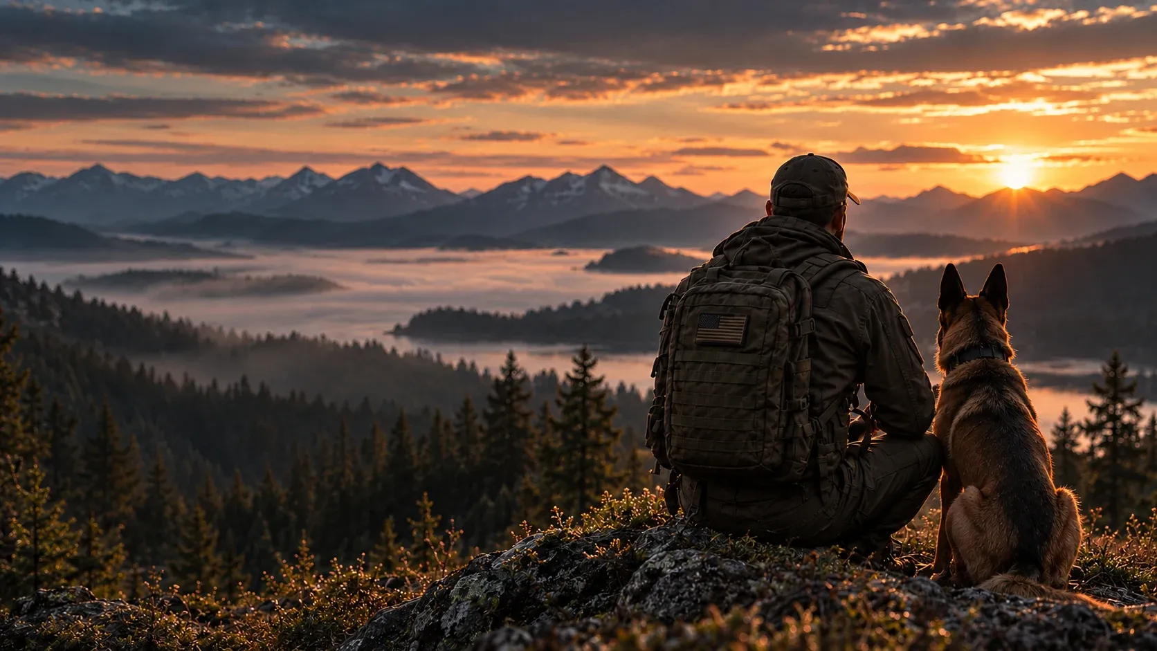 A handler and his dog sitting on a ridge above a misty valley at sunrise