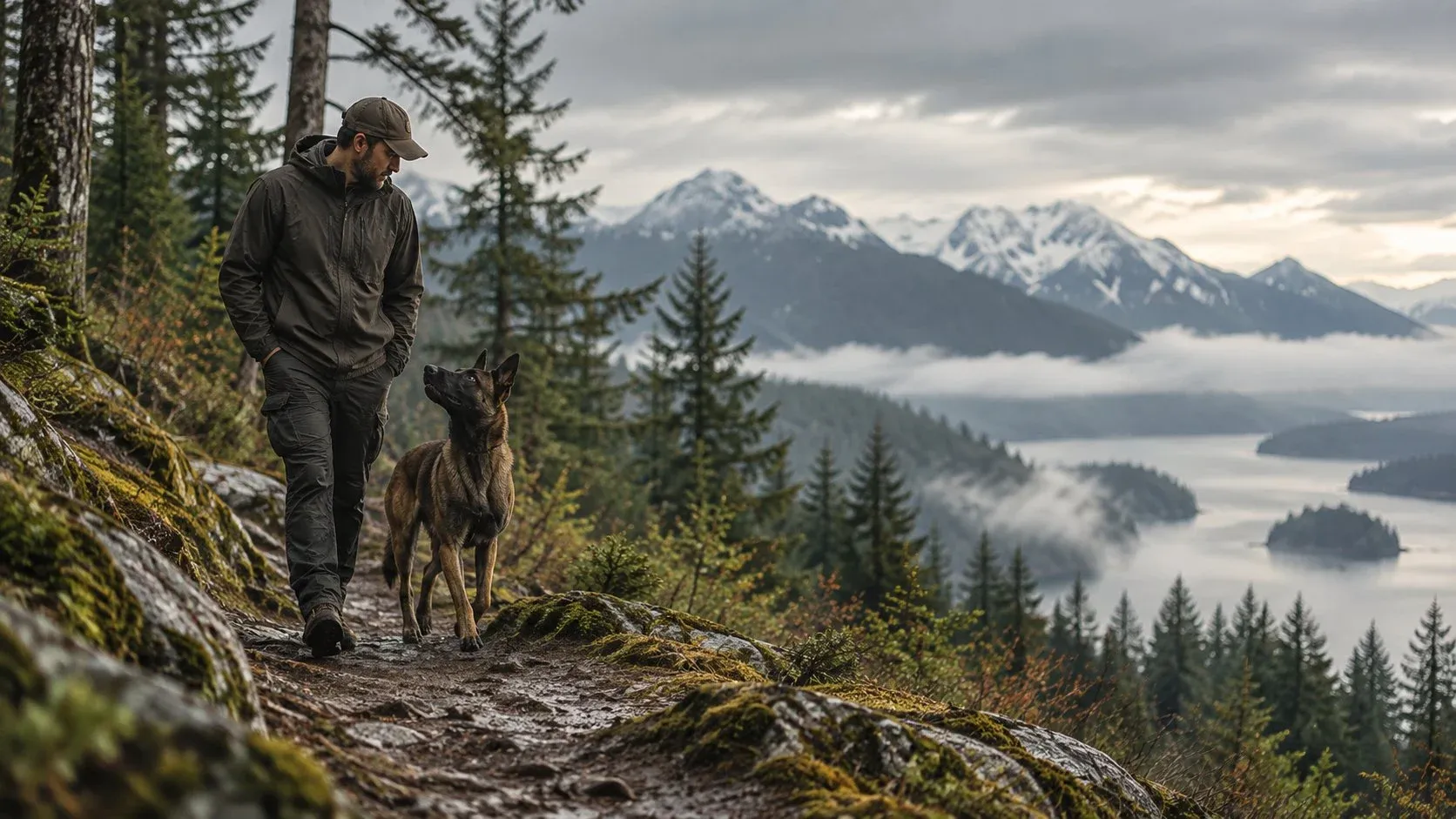 A handler walking a Malinois down a mountain trail