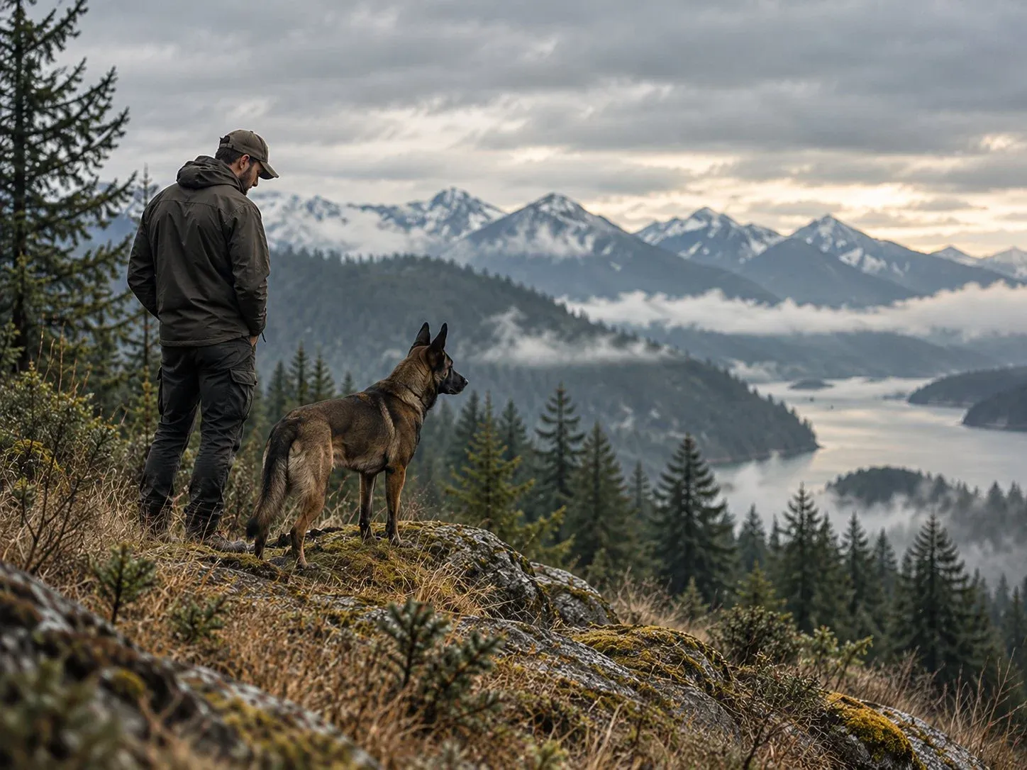 A handler and Malinois looking out over misty mountains