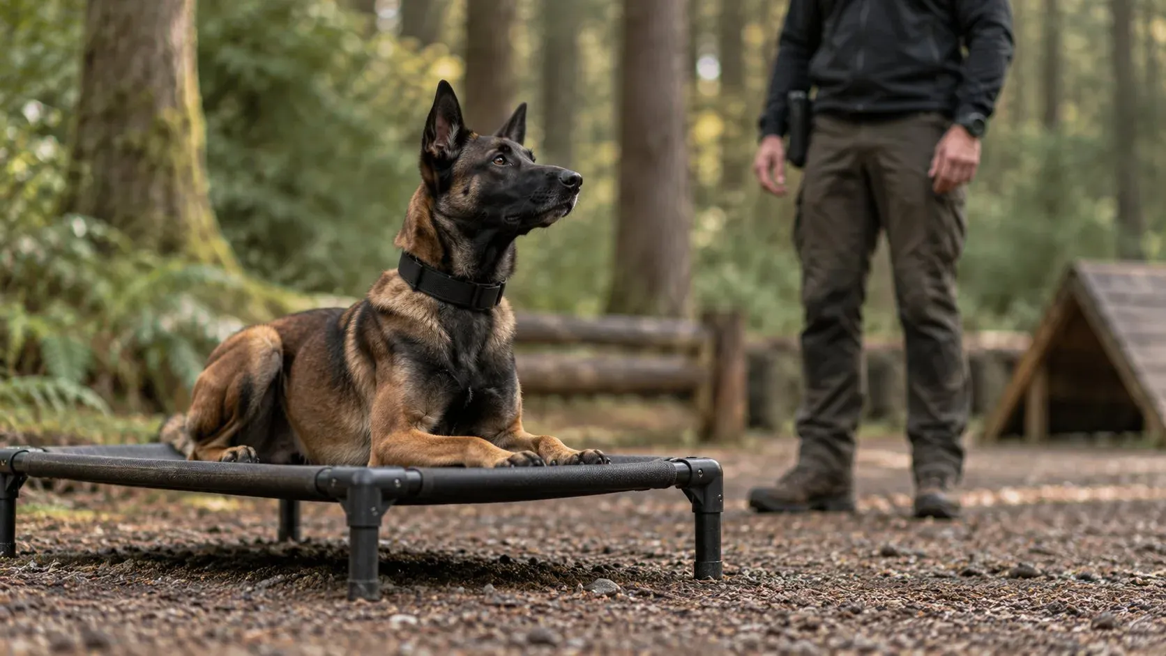 A Malinois holding place on a raised cot while the handler stands nearby