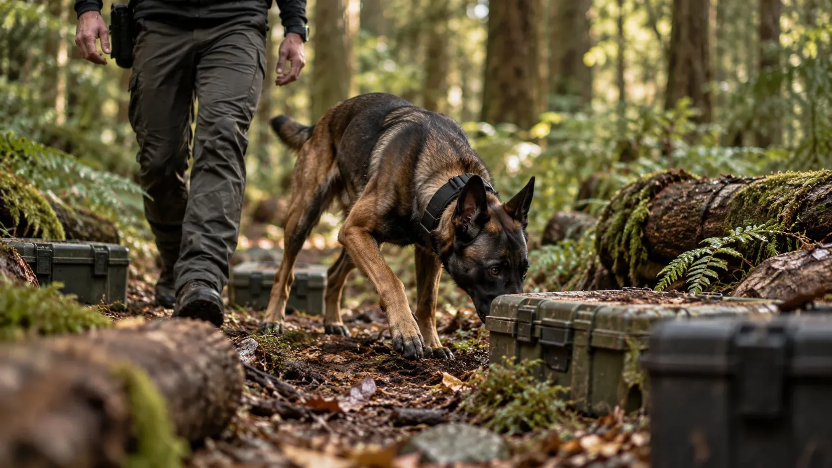 A Malinois sniffing along a row of cases on a forest trail