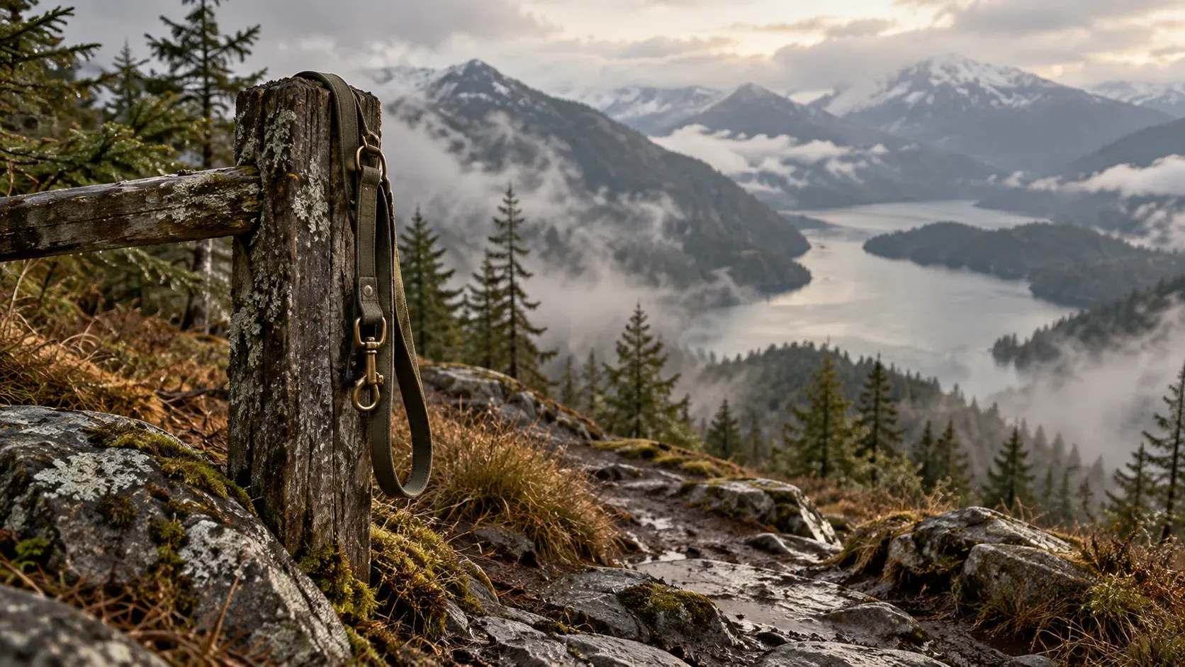 A leash hanging on a fence post above a misty mountain lake