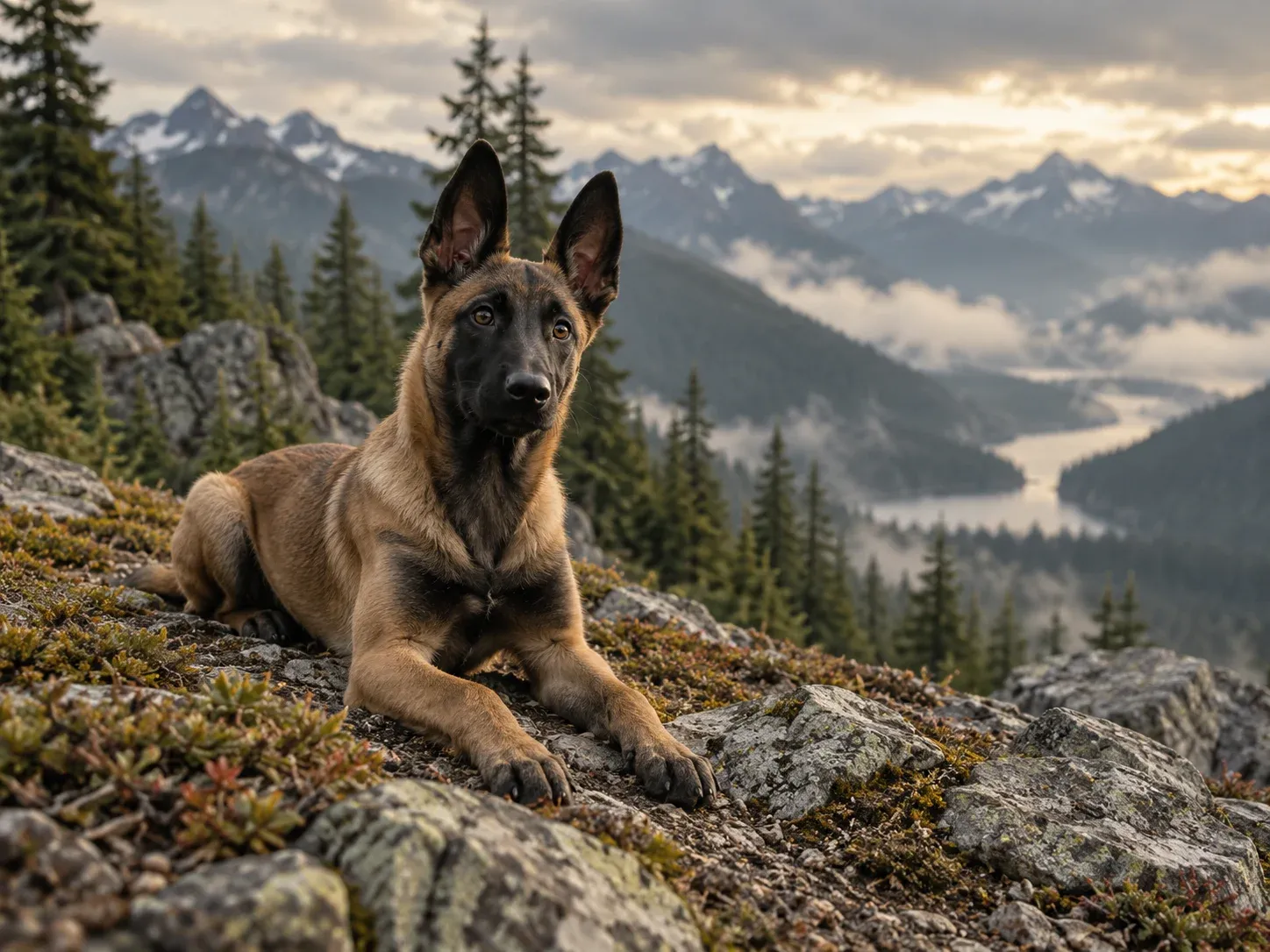 A young Malinois lying on a rocky ridge above a misty lake and mountains