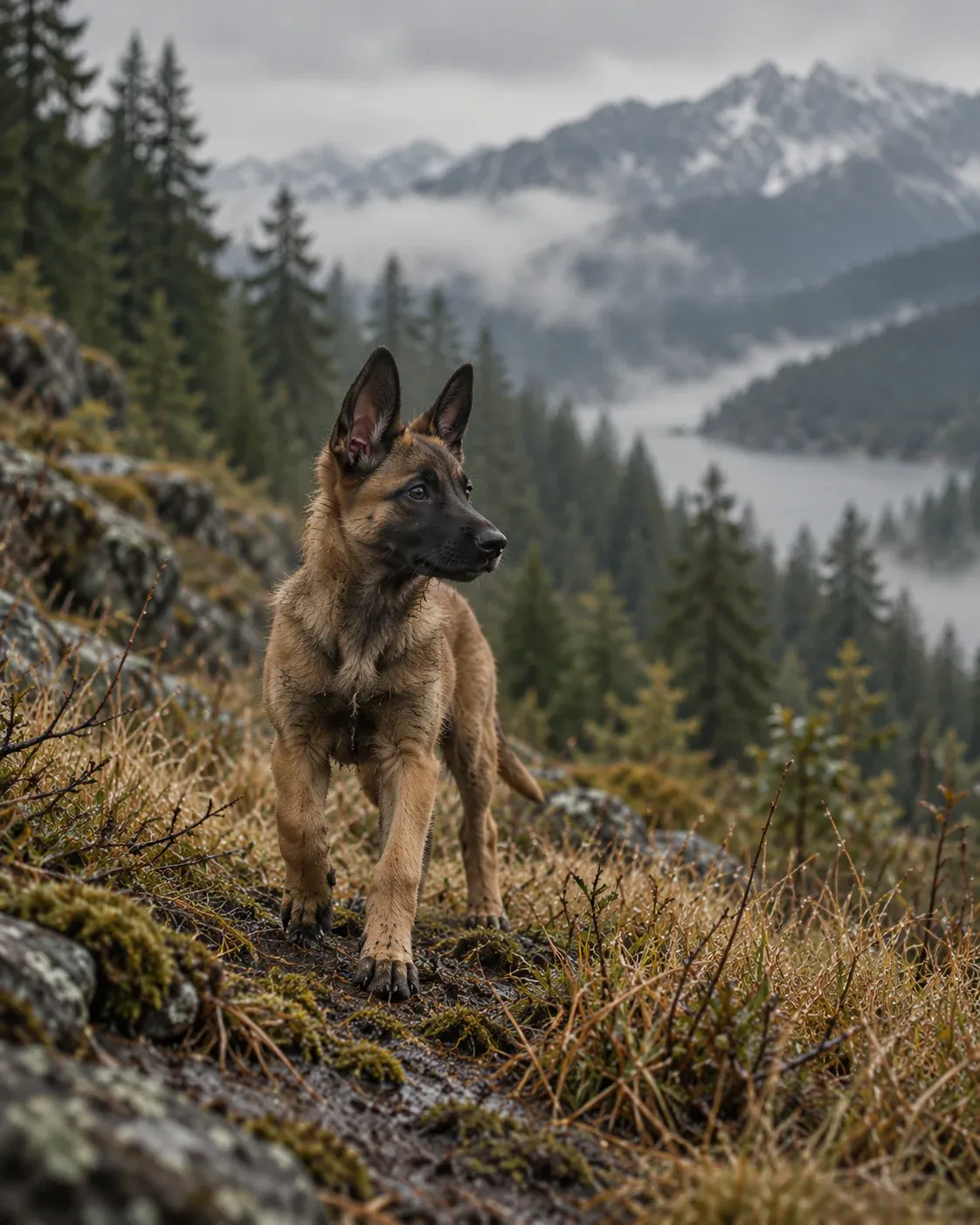 A young Malinois on a wet mountain trail above a misty lake